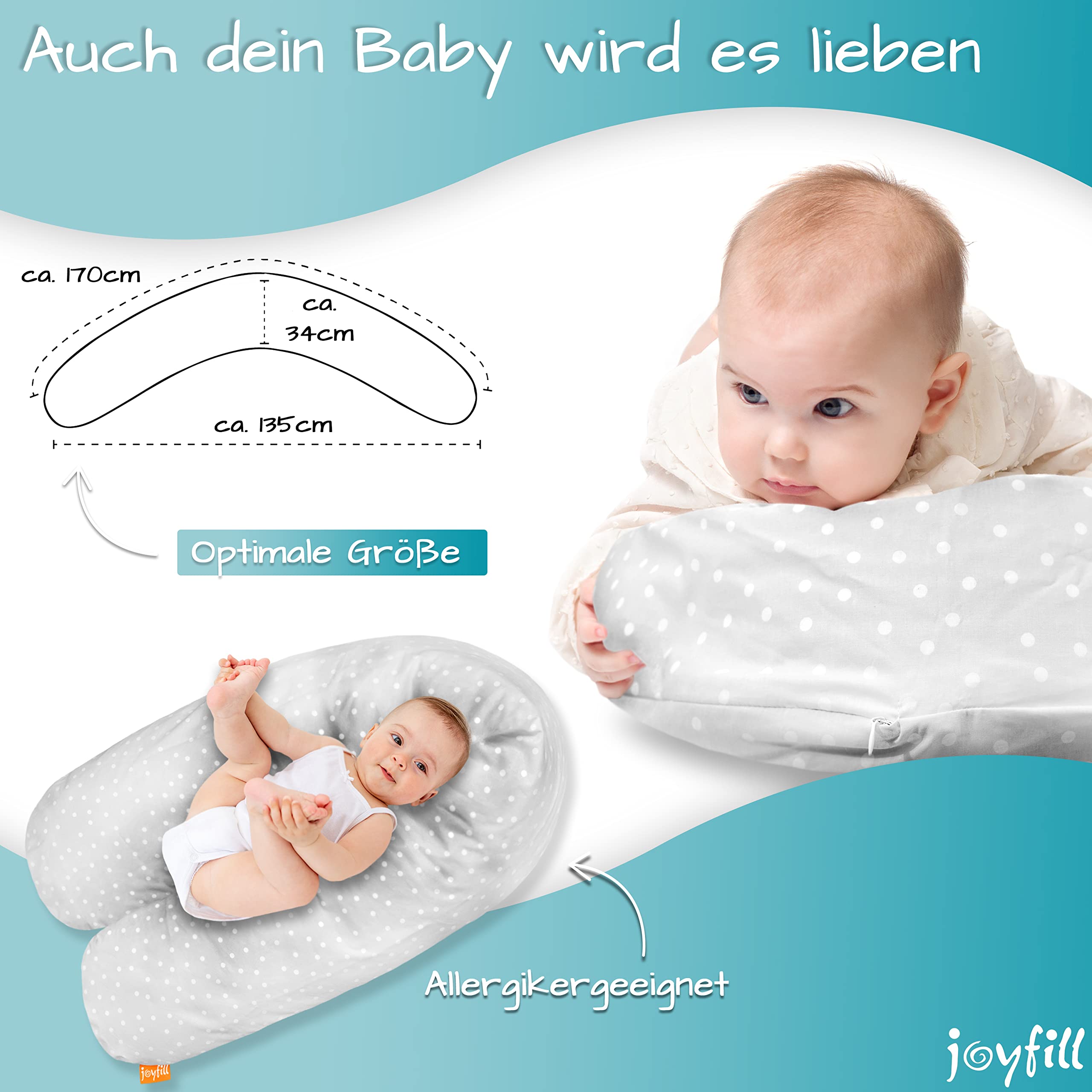 joyfill® Premium Stillkissen Mikroperlen 170cm I Ideal zum Schlafen & Stillen Dank Flüsterleiser & Bequemer Füllung I Stillkissen Seitenschläferkissen 100% Made in Germany I Nursing Pillow