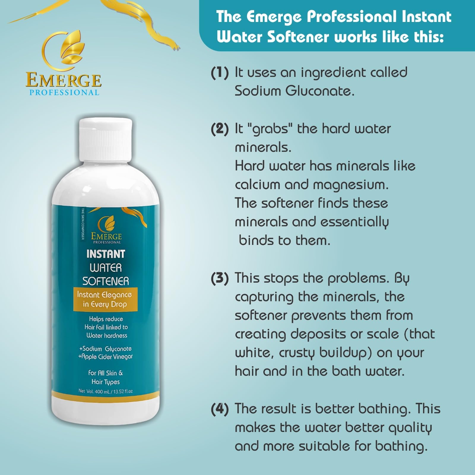 Emerge Professional Instant Water Softener | Hard Water Solution for Hair Fall & Skin Dryness | Enriched with Sodium Gluconate & Apple Cider Vinegar | For All Hair & Skin Types | 400 ml 2