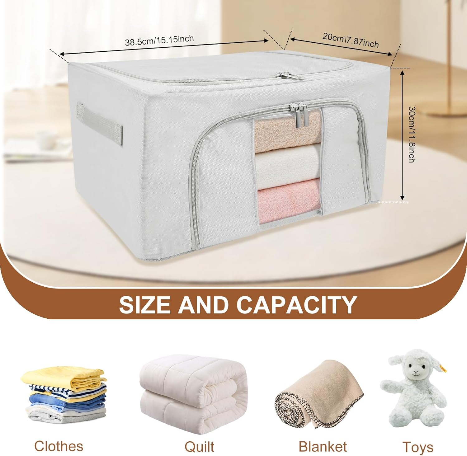 3Pcs Clothes Storage Bins Folding Stackable Closet Organizers Storage Containers Oxford Cloth Storage Bins with Lid Space Saving Clothes Storage Box with Clear Window and Two Way Zipper for Bedroom12
