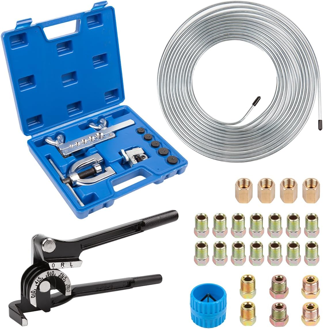ICOOL 25 ft 3/16" Zinc Coated Brake Line Flaring Tool Kit with 20 Fittings and 4 Unions Brake Line Fittings, Brake Line Kit with Tube Bender and Reamer