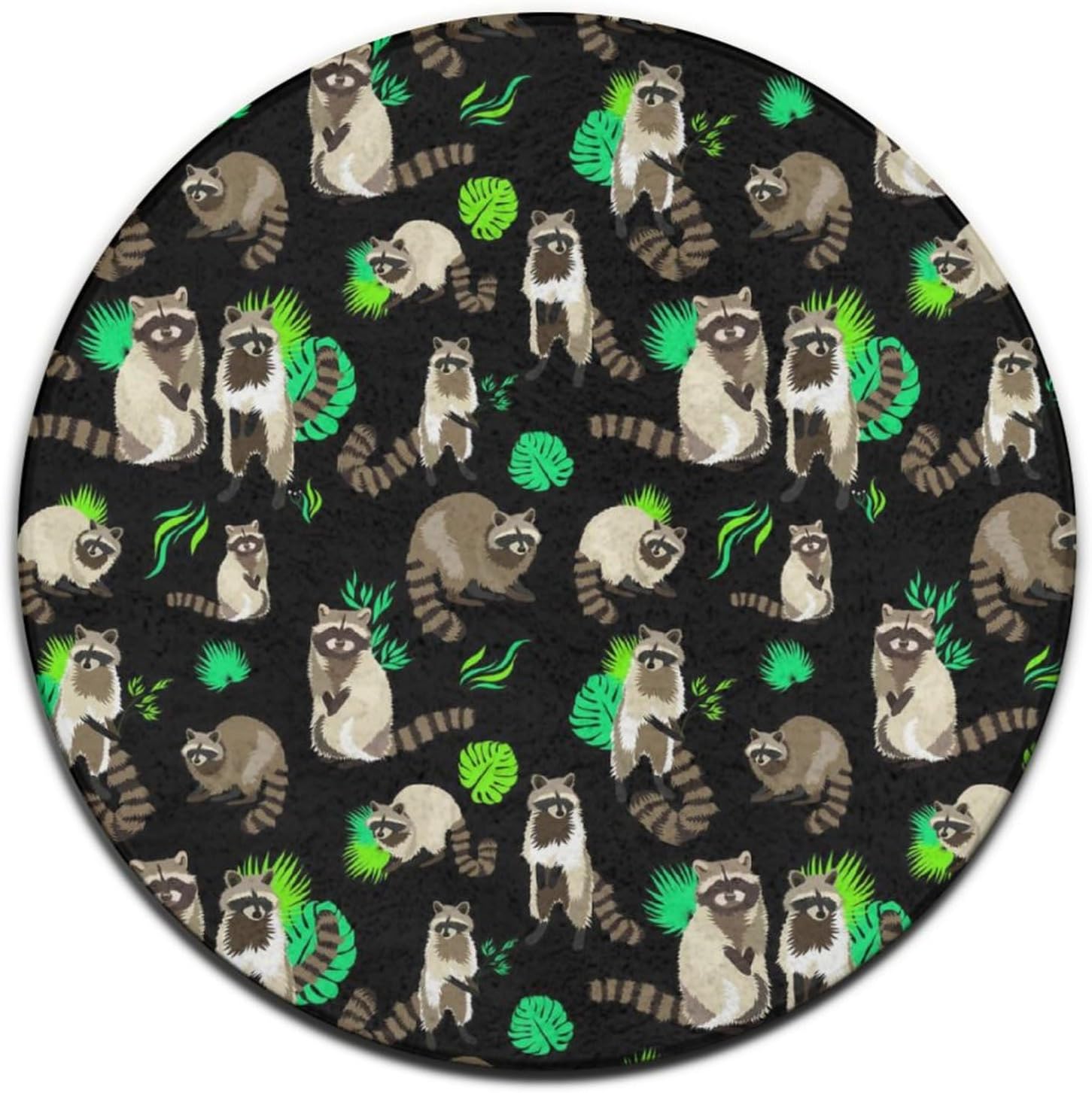 Comfortable Round Area Rug Soft Entry Doormats, Easy Care & Stain Resistant, Floor Carpet Mat for Bedroom, Living Room, Black Green Leaves Cute Raccoon