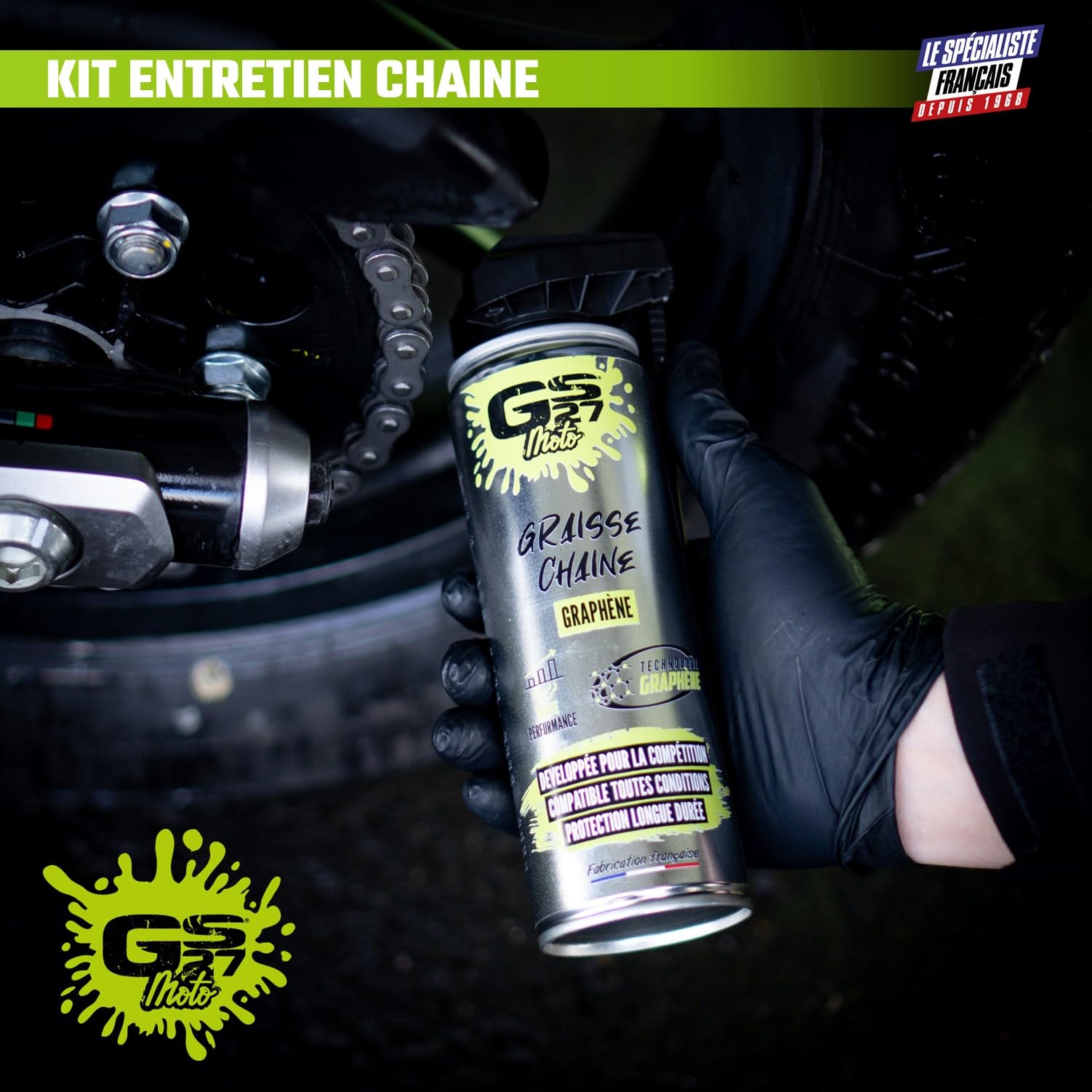 GS27 - Kit Entretien Chaine GS27 Moto - Haute Perfromance - 1 Ultra Dégraissant / 1 Graisse Graphène / 1 Brosse Chaine