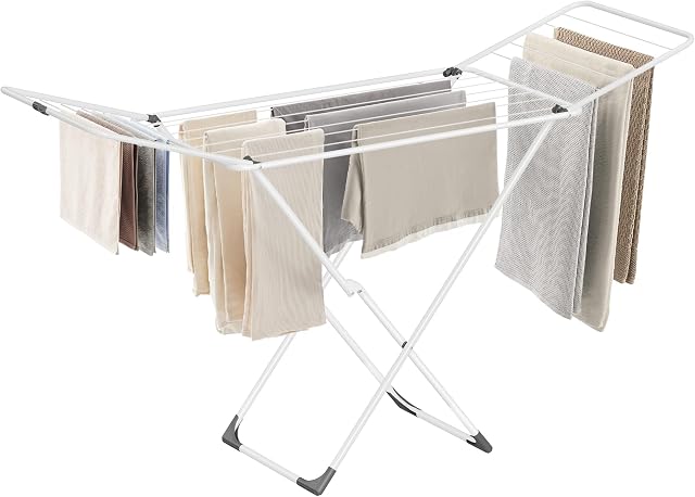 SONGMICS Sac à linge, sac à linge métallique, pliable, espace-sauvetage, Airer à plat, avec 2 Mouettes, Utilisation intérieure à l'extérieur, Vêtements de draps, Blanc ULLR540W01