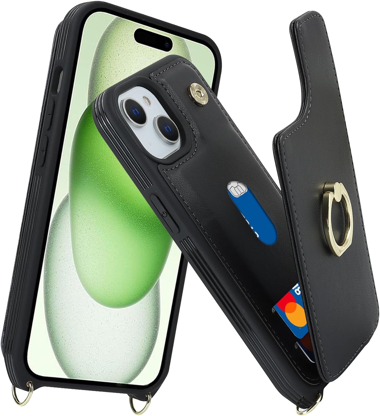 Lipvina for iPhone 15 Case with Card Holder and Strap for Women,Crossbody Lanyard,RFID Blocking,Ring Stand,Snap Clasp,Cute Lightweight Wallet Phone Case 6.1"(Black)
