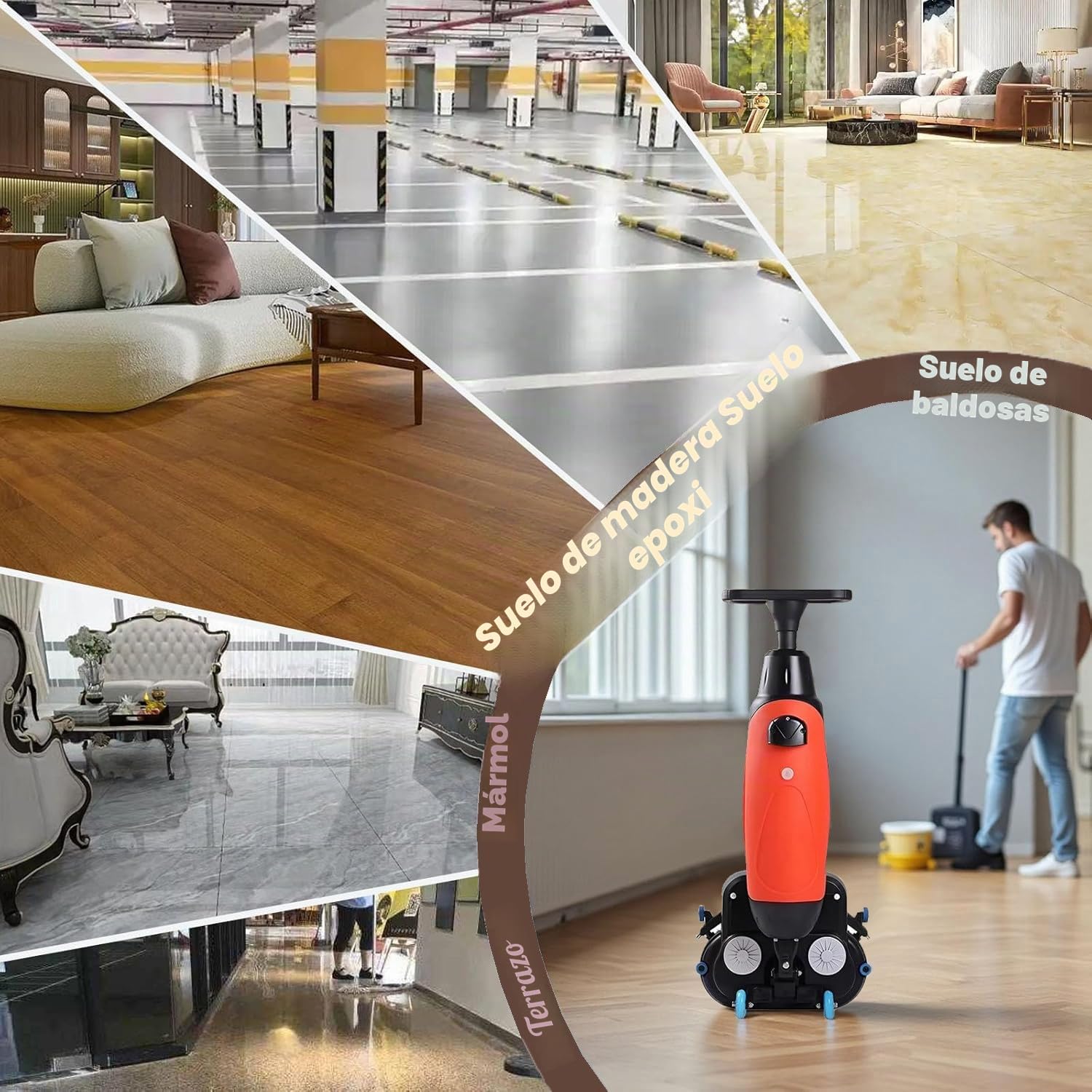 Cabezal Doble Eléctrica Fregona, Aspiradora Lavadora de Suelos Sin Cable, 2 Cepillos Rotativos 360°, Sistemas de Empuje, para Limpieza de Azulejos en Áreas Comerciales y Domésticas