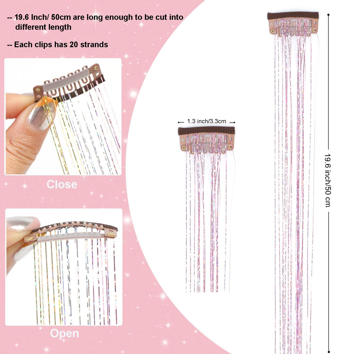 PORSMEER 12Pcs Clip in Hair Tinsel Kit,Colorful Pink Glitter Heat Resistant Fairy Tinsel Extensions with Clips,Sparkling Shiny Hair Accessories 20 Inch for Women - Image 4