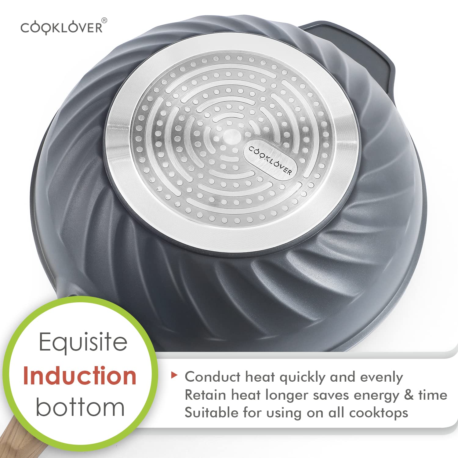 Wok Nonstick Die-cast Aluminum Scratch Resistant PFOA Free Induction Woks And Stir Fry Pans with Glass Lid 12.6Inch - Slate Grey