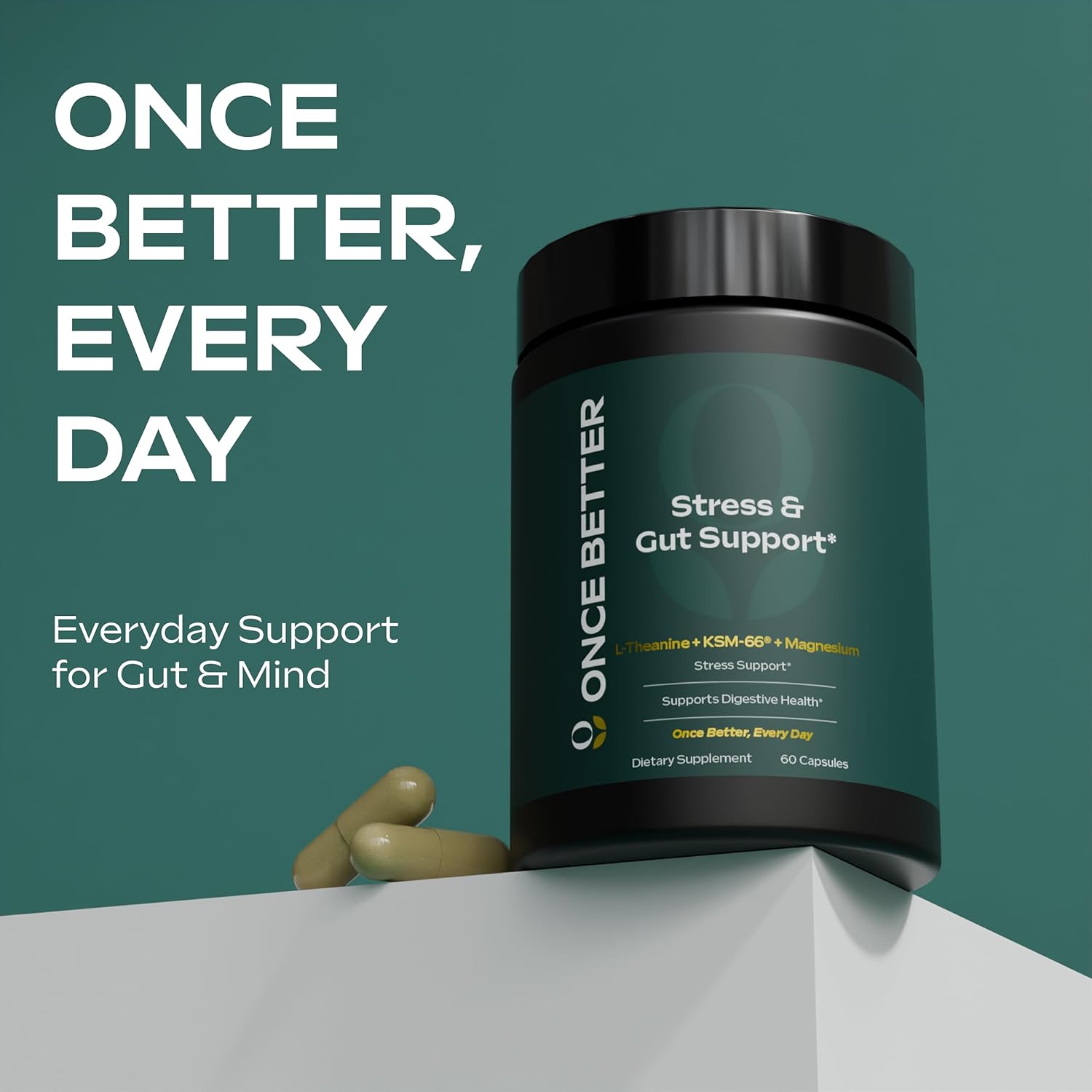 Once Better™️ Stress & Gut Support Supplement – Ashwagandha KSM-66®, L-Theanine, Magnesium Glycinate, Probiotics & Inulin for Digestive Health & Stress Relief – 60 Capsules - Men & Women - Image 7