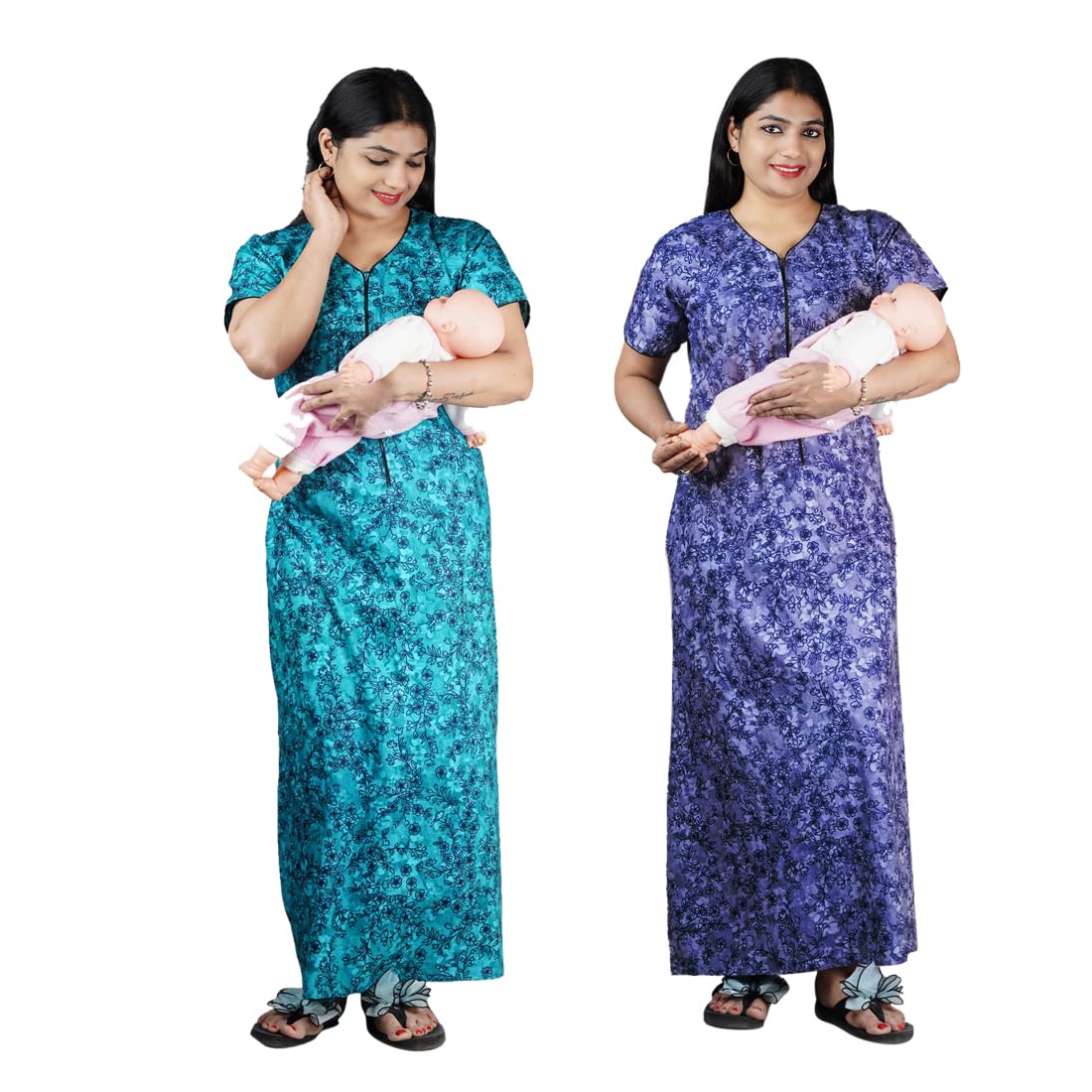 wristy Women's Cotton Printed Maxi Night Gown Maternity Nighty - (Multicolor, Free Size) Combo Pack of 2 Pieces-picture-27