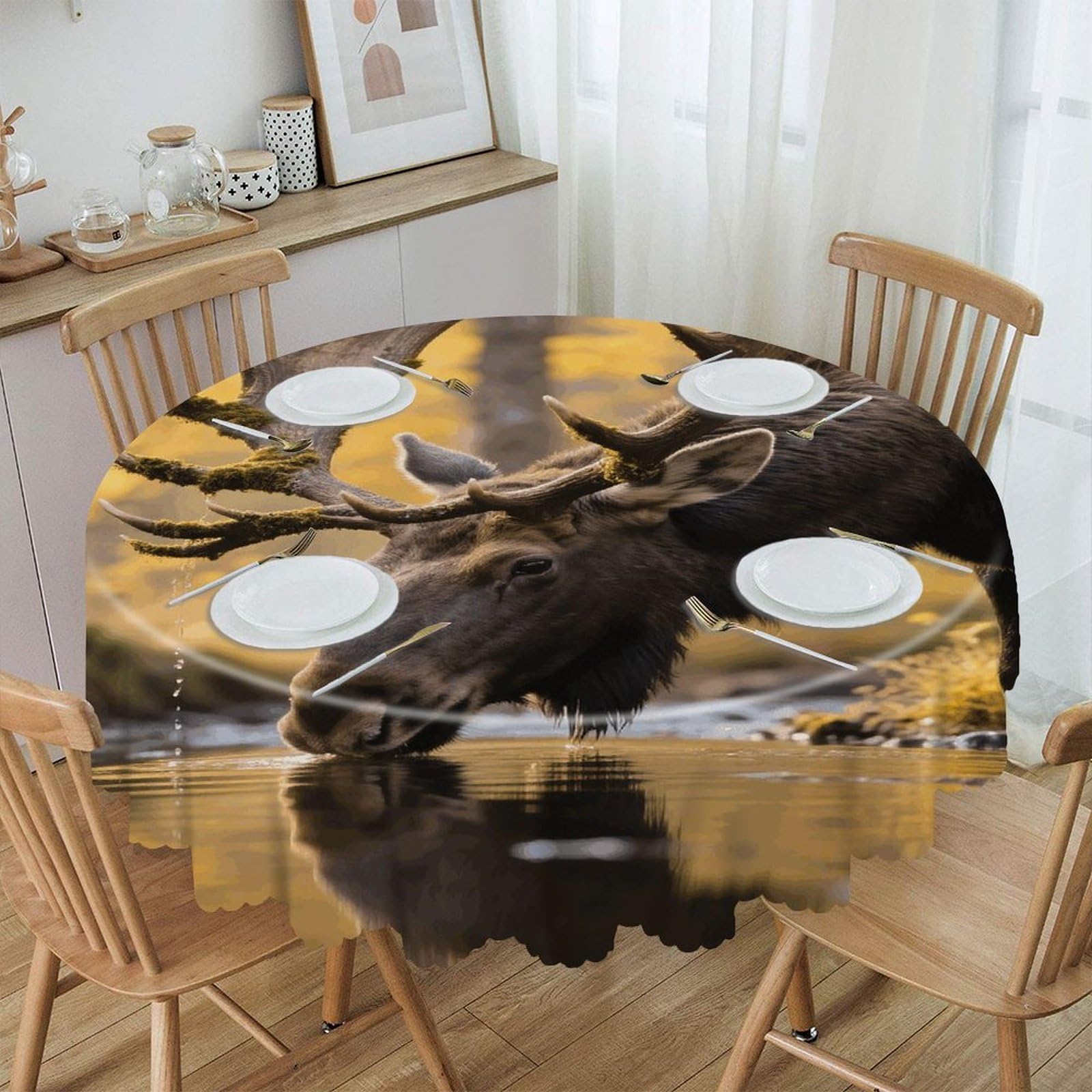 VstaDank Rustic Woodland Deer Round Tablecloth Wipeable Round Polyester Tablecloth Waterproof Wrinkle Free Indoor and Outdoor Table Cover 60 Inch Decorative Farmhouse Table Cloth for Dining