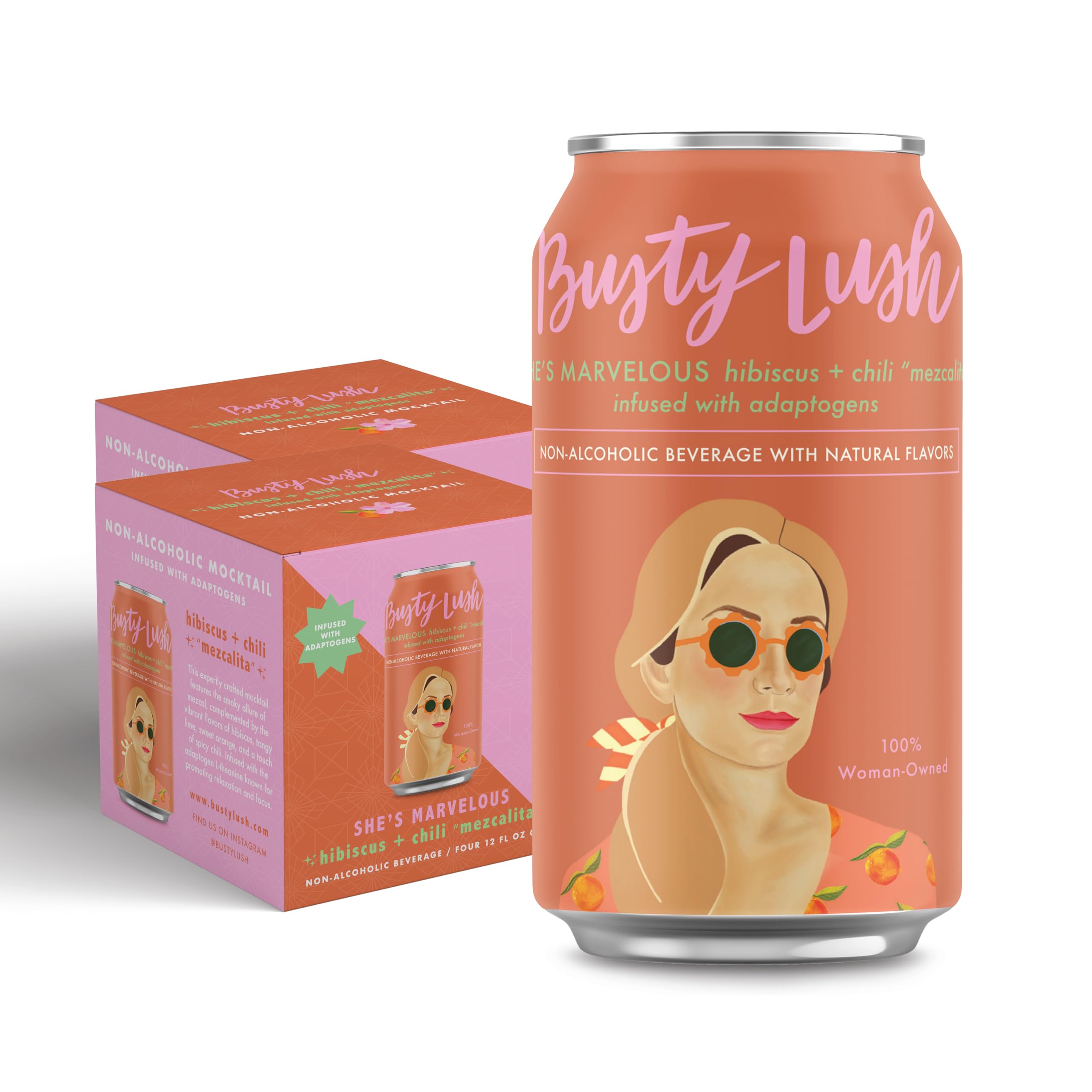 Busty Lush SHE'S MARVELOUS Non-Alcoholic Mezcalita, Craft Mocktails feat. Alcohol Free Smoky Mezcal, Hibiscus, Fresh Citrus, Spicy Chile and Agave, Infused with L-Theanine, 8 Pack