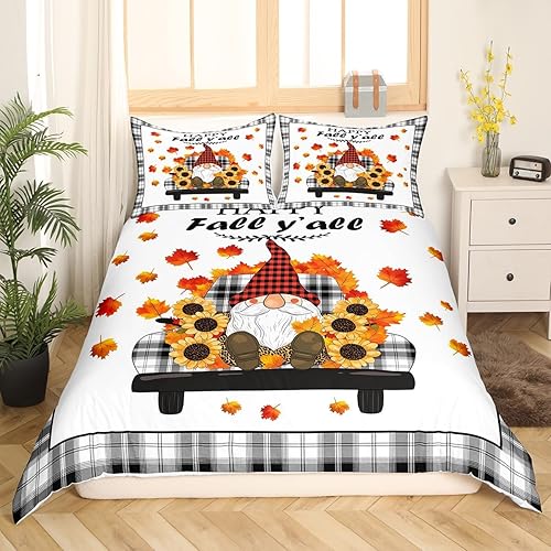 Miniatura 3 de Manfei Juego de funda de edredón de gnomo de otoño, tamaño King, funda de edredón de calabaza a cuadros de leopardo con 2 fundas de almohada, juego