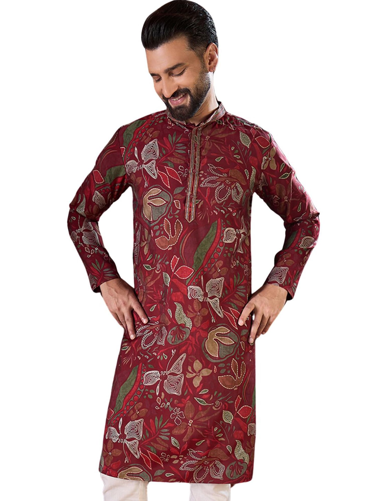 Mens Maroon Silk Blend Printed Floral Calf Length Kurta | Men's | Kurta for Men | Straight Fit Kurta's for Men's-picture-41