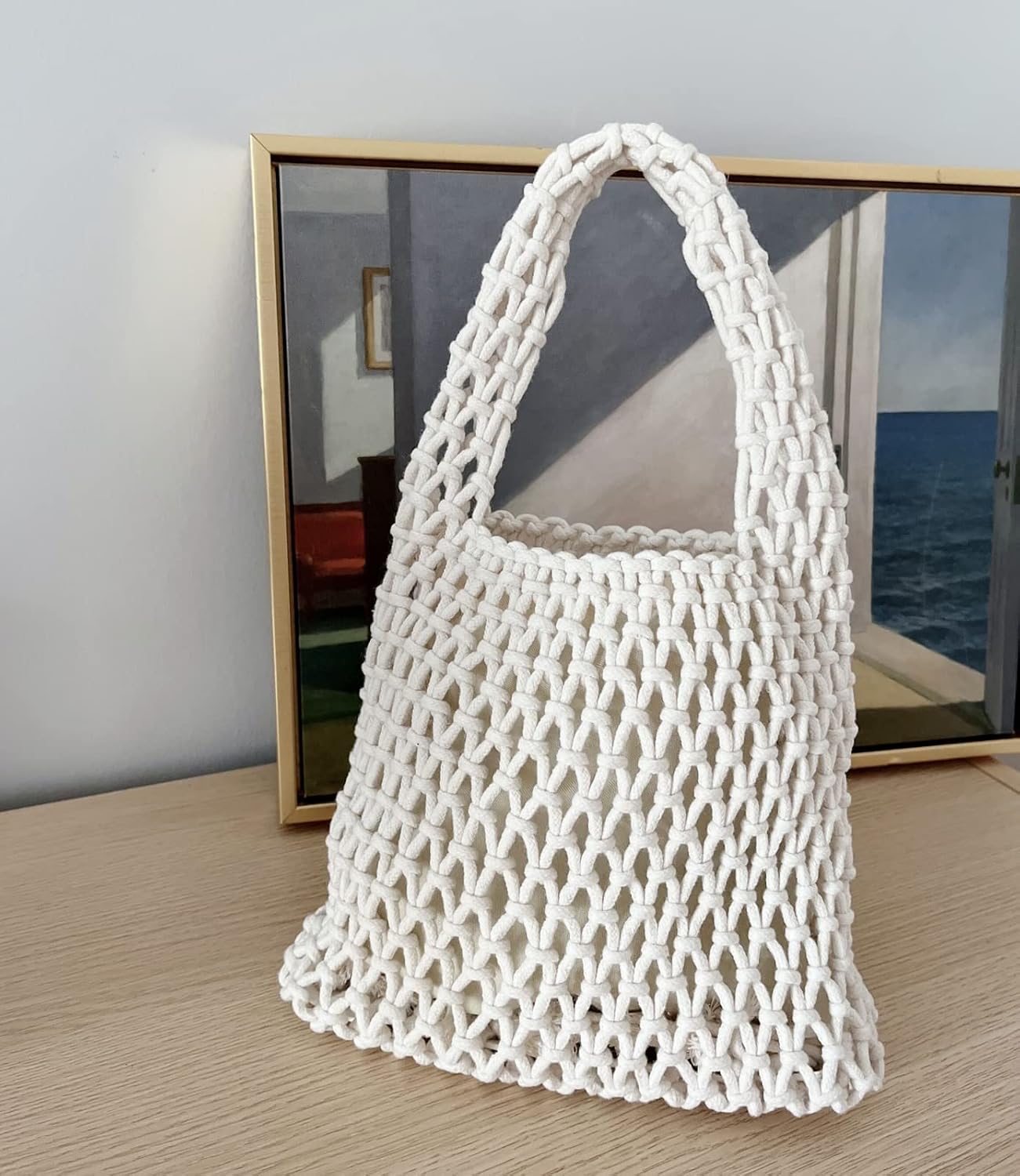 Mini Clutch Handbag Fishing Net Bucket Bag Cotton Rope Crochet Drawstring Woven Beach Bag Small Tote for Women Girls