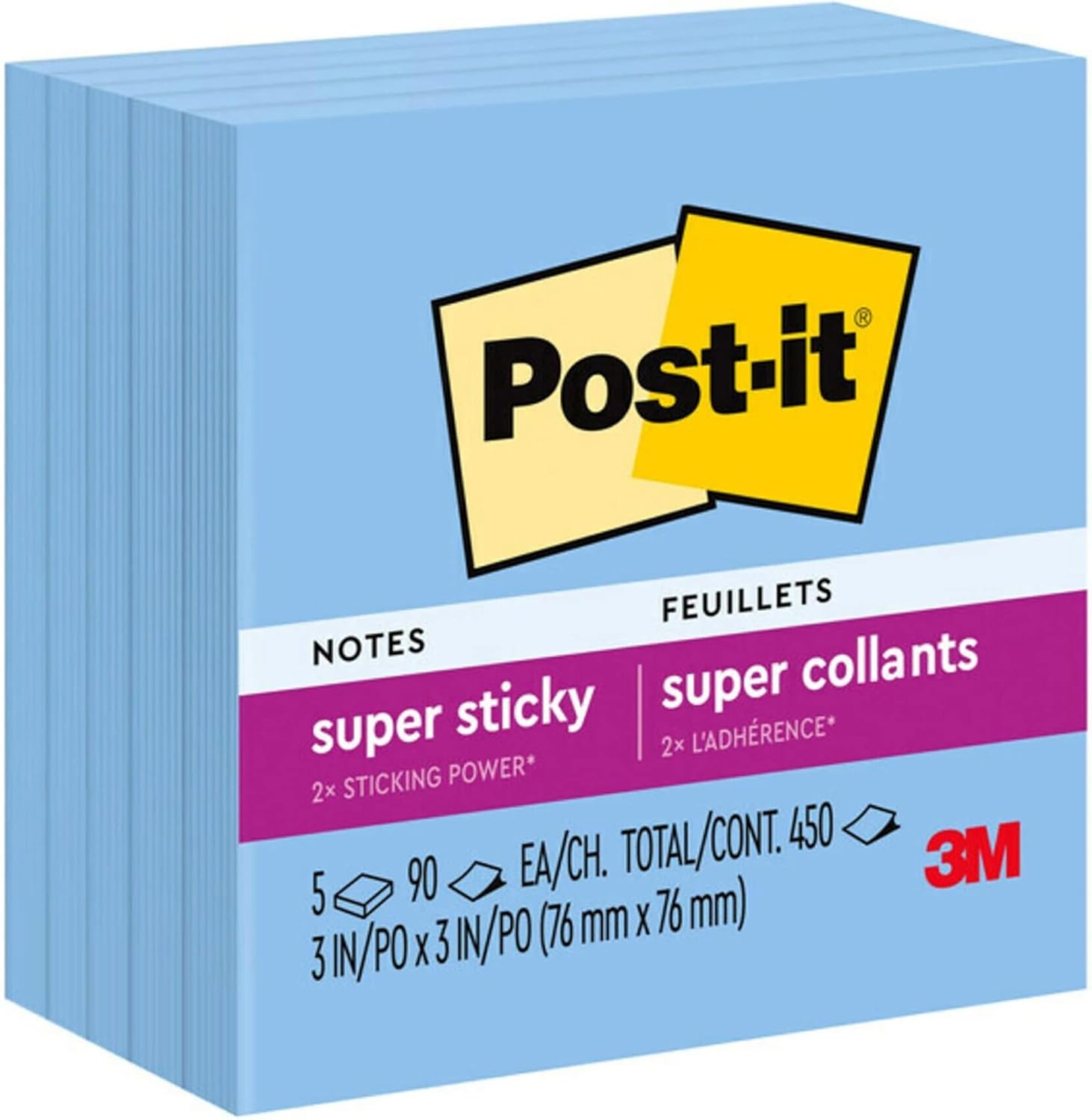 Post-it® Super Sticky Notes, 450 Total Notes, Pack of 5 Pads, 3" x 3", Sapphire Blue, 90 Notes Per Pad