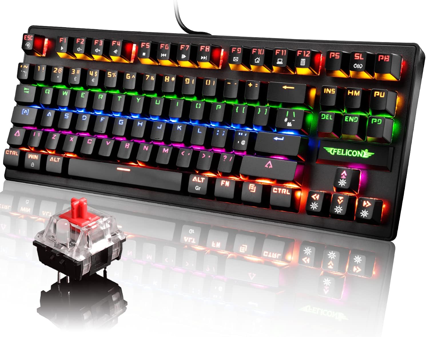 MANBASNAKE K2 Mechanical Gaming Keyboard RGB LED Rainbow Backlit Wired Keyboard with Red Switches for Windows Mac Xbox Gamer(Black)