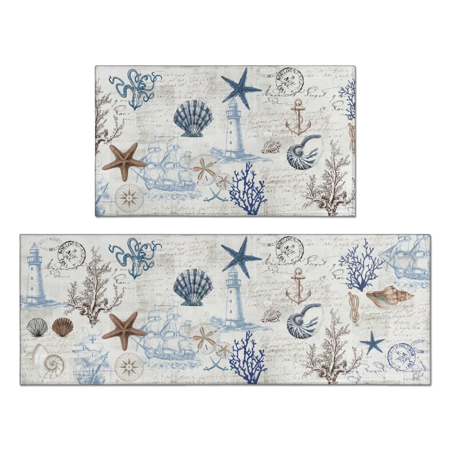 Nautical Kitchen Rug Set of 2,Ocean Themed Kitchen Decor Vintage Beach Kitchen Mat Non-Slip Washable, Farmhouse Kitchen Decor Anti Fatigue Floor Mat for Kitchen Laundry Room,17x30+17x47 Inch