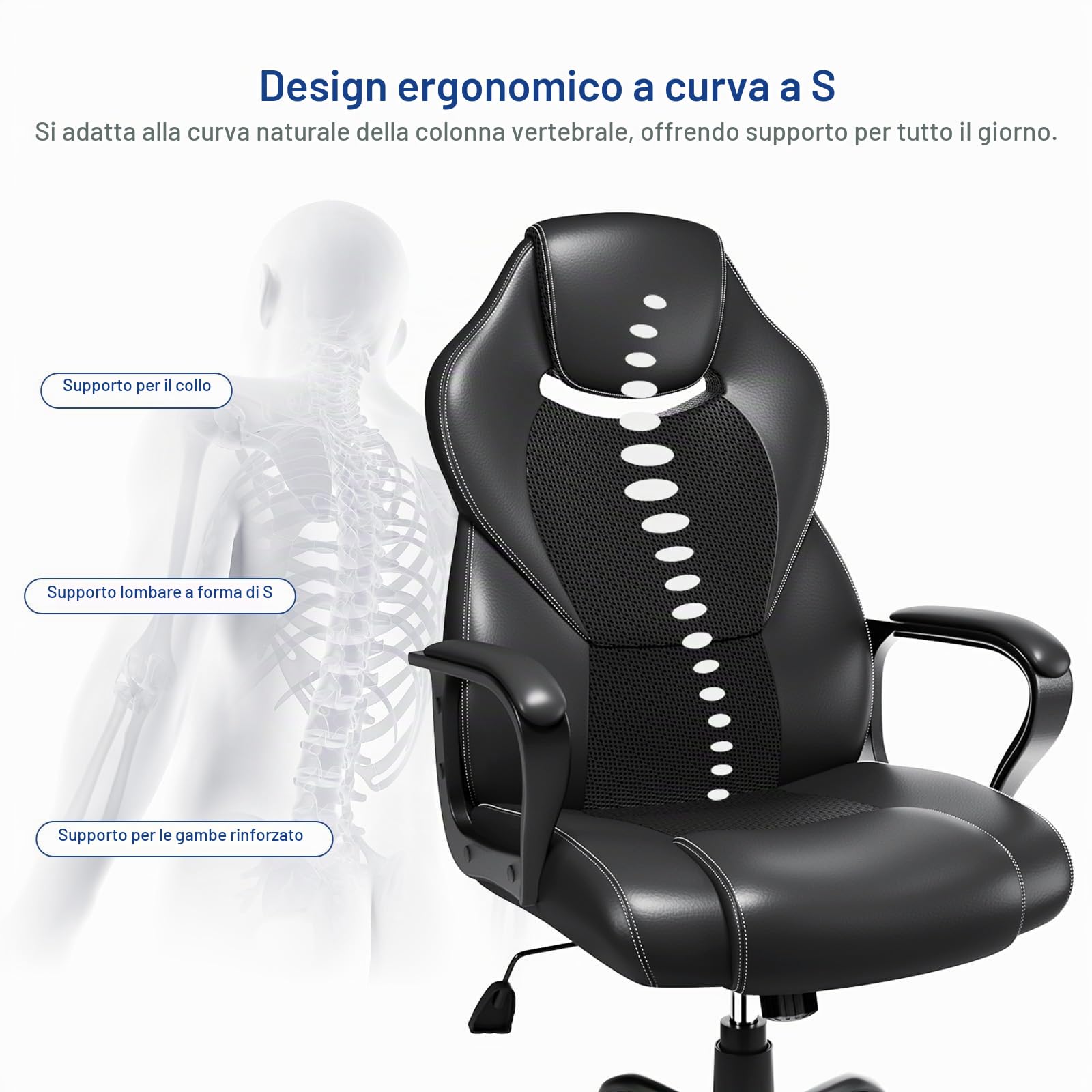 BASETBL Sedia Ufficio Ergonomica Poltrona Ufficio Direzionale in Pelle Altezza Regolabile Sedia Gaming Sedia Scrivania a Rotelle Girevole Reclinabile Schienale Alto Supporto Lombare Nera