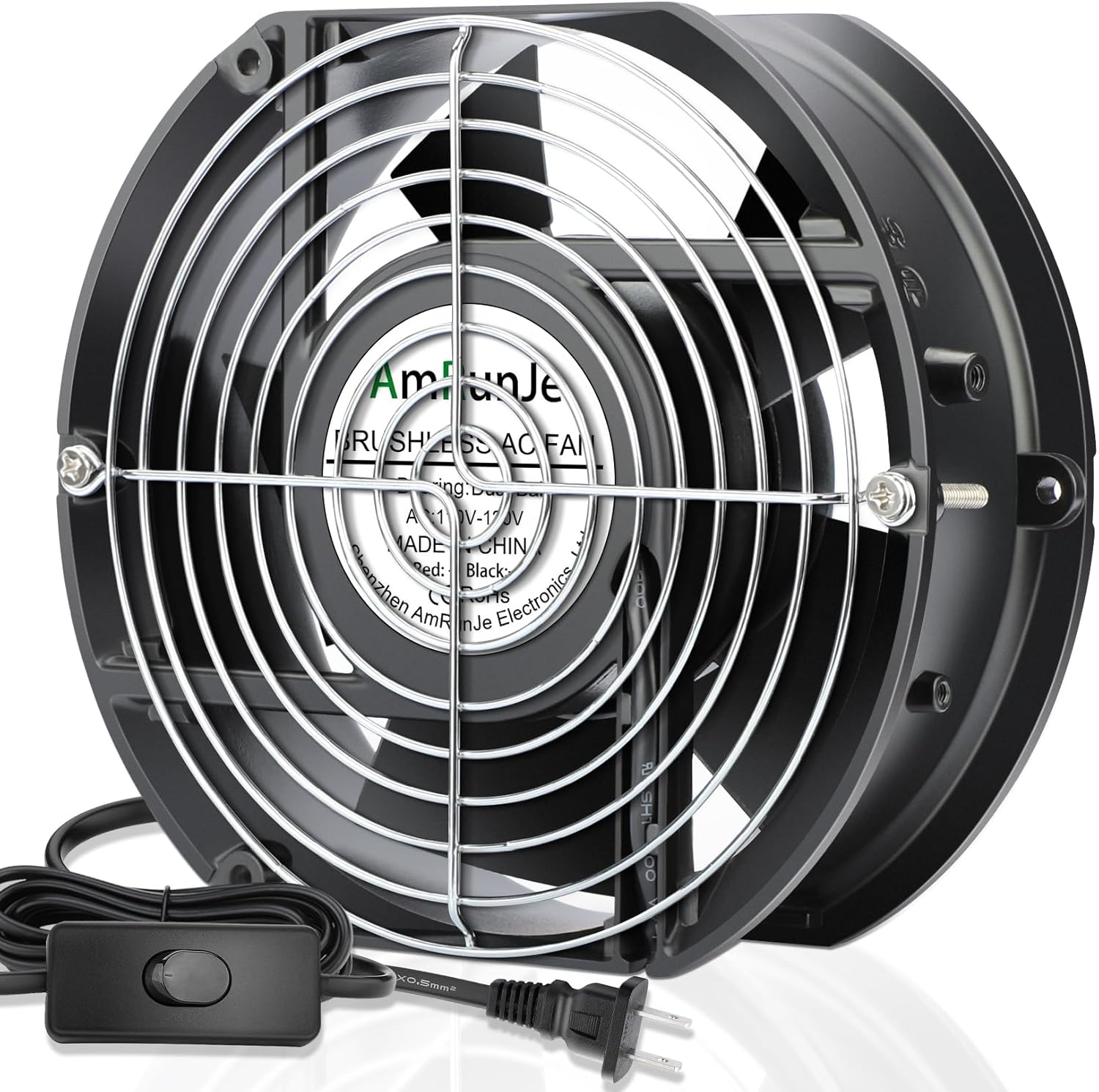 AC Axial Fan 110v 120v 172mm x 150mm x 51mm Powerful Airflow Dual Ball Bearing Fan with Switch Cooling for DIY Chicken Coop Greenhouse Server Room Garage Crawl space Exhaust