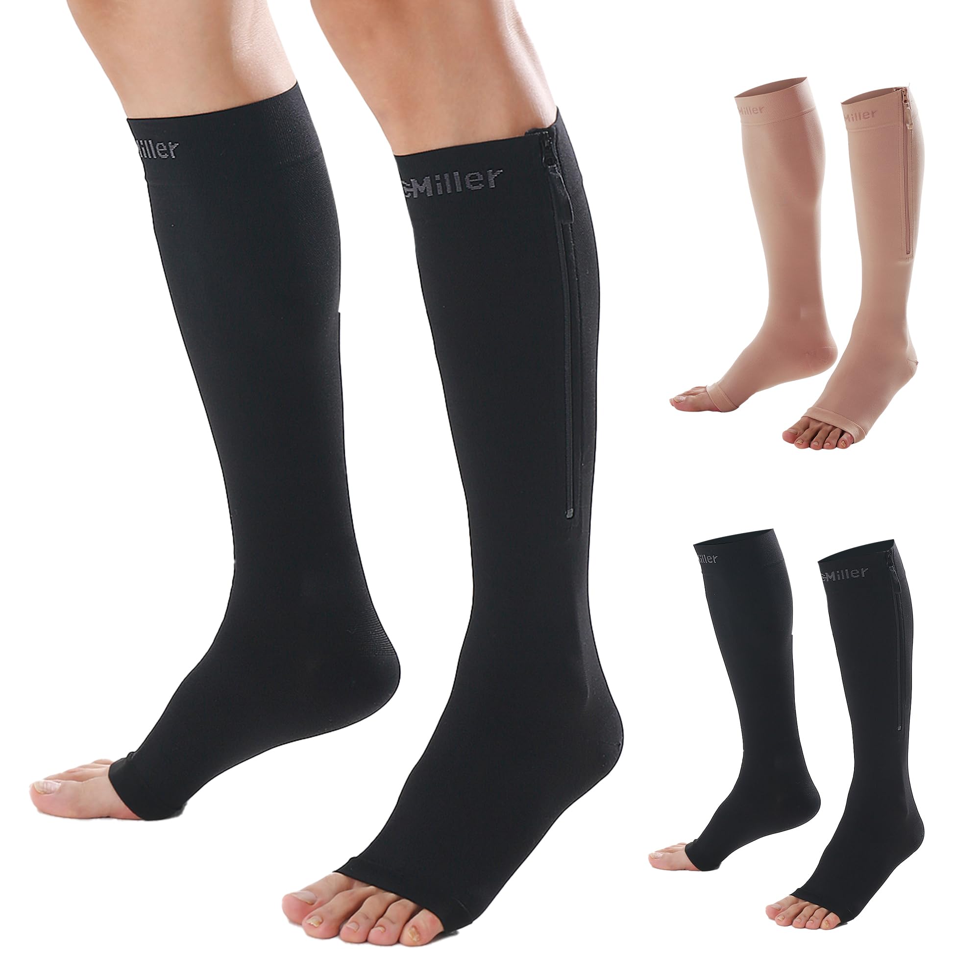 Doc Miller Compression Socks with Zipper – Open Toe, Knee High 15-20 mmHg Support Stockings for Women and Men, Easy to Wear, Travel, Maternity, Daily