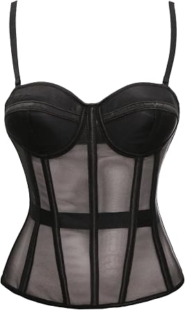 Bslingerie Women's Mesh Corset Semi Sheer Overbust Black Underwire with Removable Straps Plastic Bones