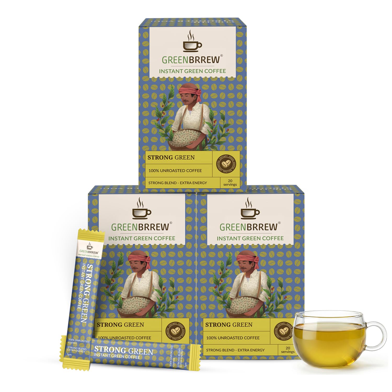 Greenbrrew Strong Instant Green Coffee - 60 Easy Mix Sachets, Pack of 3 (180g)