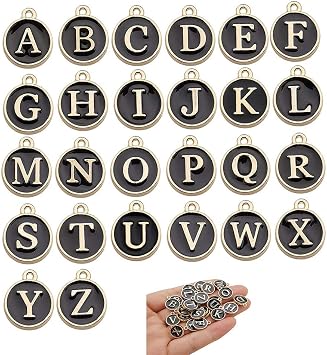 Youdiyla 2 Sets52pcs Black Cute Mixed Letter Beads Metal Letter Charms Enamel Initial Charms Wholesale Double Sided Alphabet Charms for Necklace and Bracelet Making Craft Supplier HM452