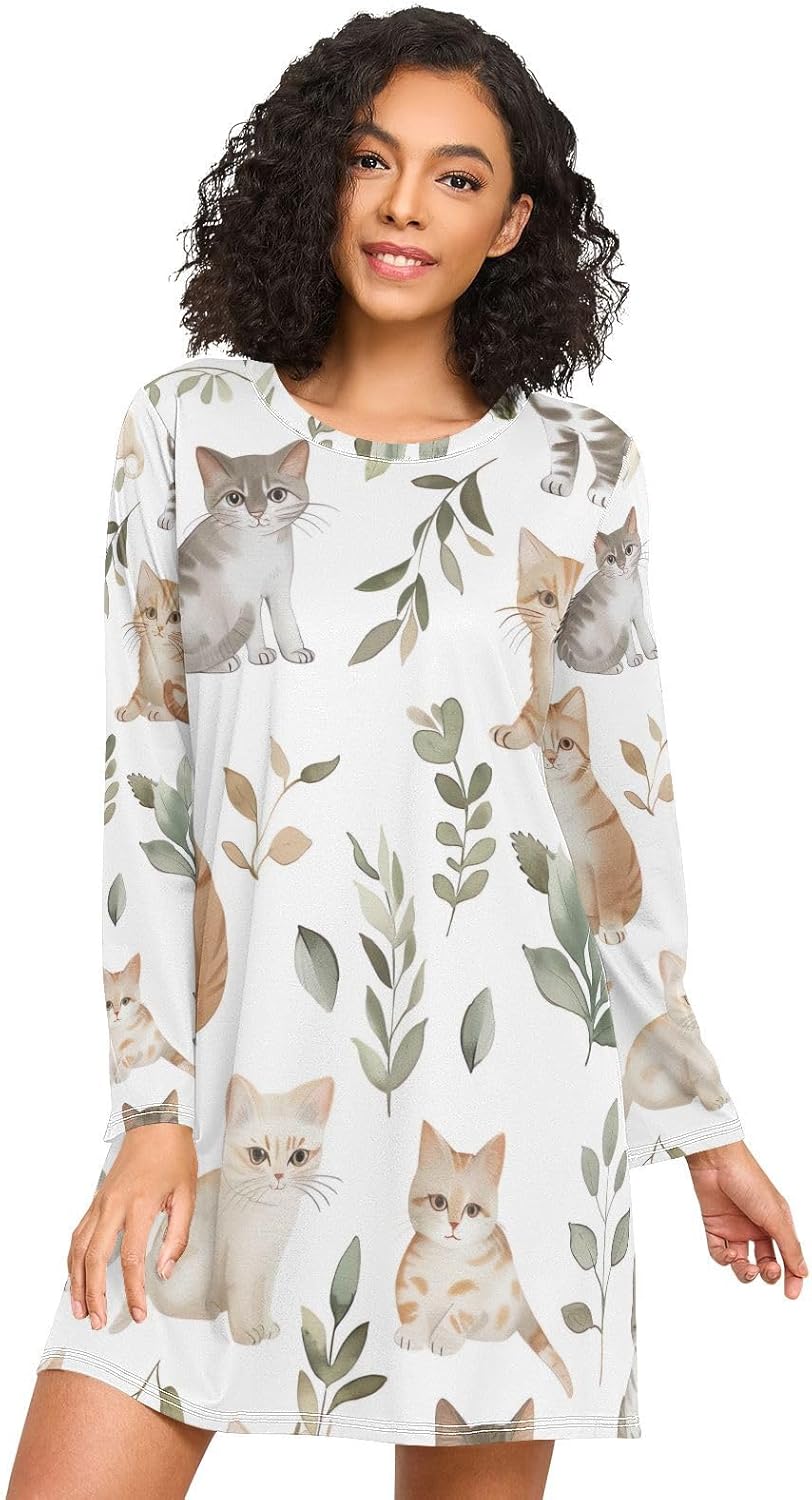 Cute Cat White Sleep Shirts for Women, Long Sleeve Womens Nightgowns, Comfortable Homewear Dress for Fall