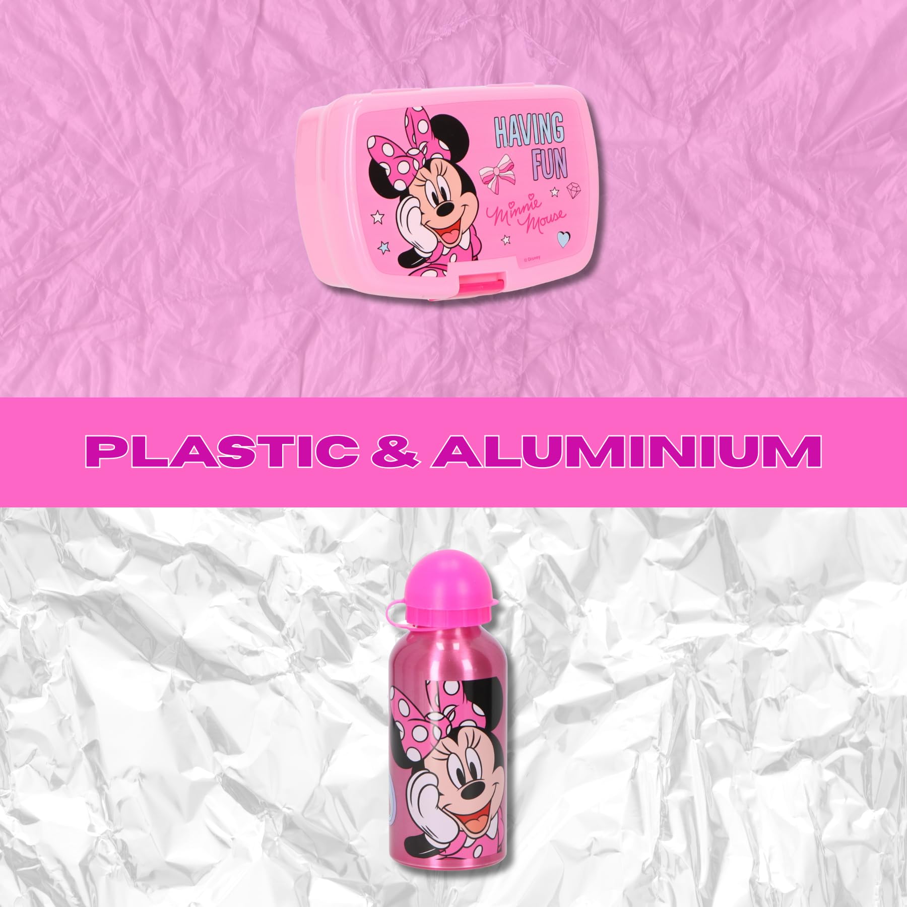 Minnie Disney Mouse - Contenitore per il pranzo con borraccia, set da 2 pezzi, rosa, ideale per scuola, asilo e gite