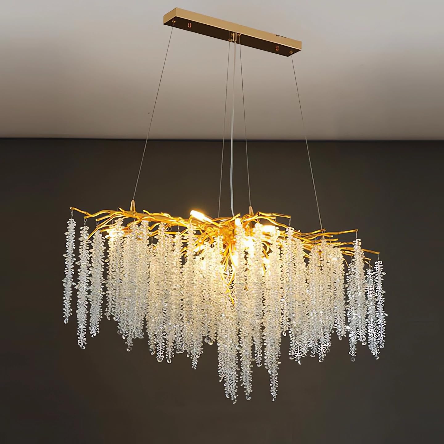 KXEcoLife Modern Crystal Tree Branch Chandelier, Luxury Raindrop Pendant Light Fixture Hanging for Dining Room Bedroom Living Entryway,Rectangle L100cm