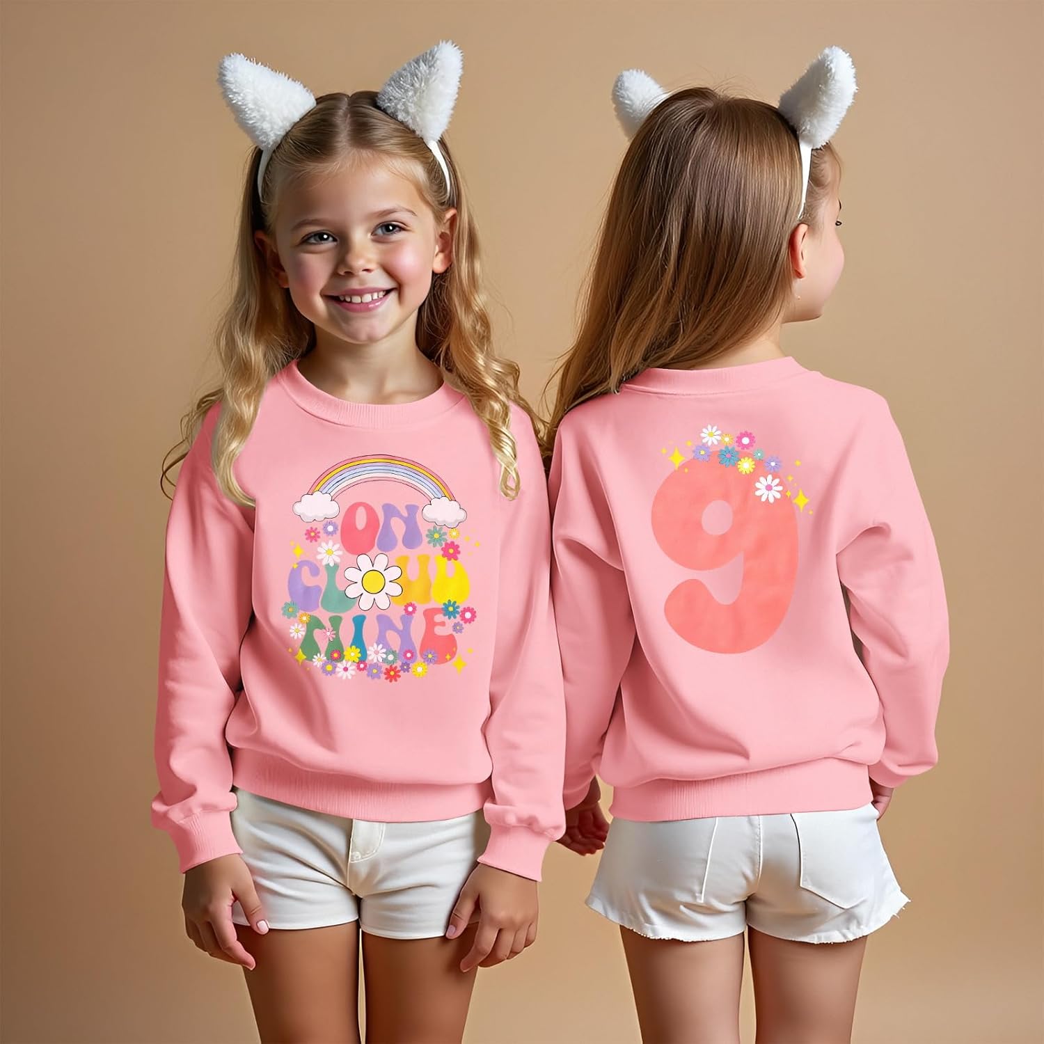 On Cloud Nine Birthday Girl Sweatshirt 9th Girl Birthday Outfit Rainbow Kid 9 Year Old Bday Party Long Sleeve Shirt - Image 2