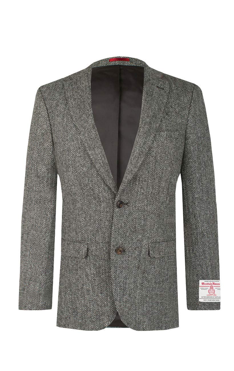 Dobell Men's Grey Herringbone Harris Tweed Jacket - 46R - Wool