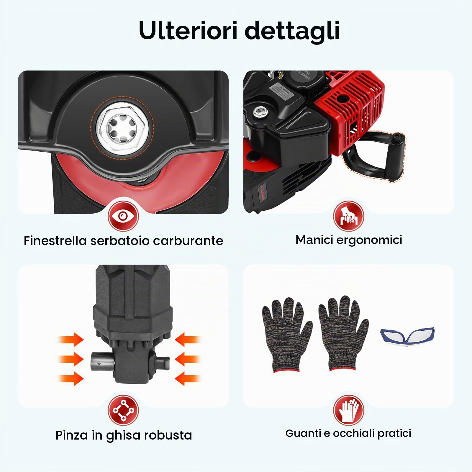 Macchina per scavo albero da 1900 W con motore a benzina, escavatore portatile con motore a benzina, martello demolitore a benzina, albero escavatore con guanti e occhiali protettivi, 6500 r/min