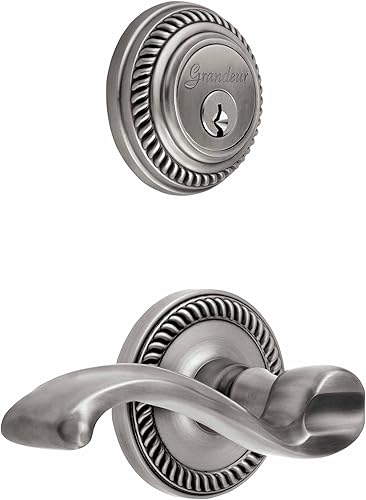 Grandeur Newport Roseta con palanca Portofino para zurdos y cerrojo a juego, juego completo de un solo cilindro, peltre antiguo