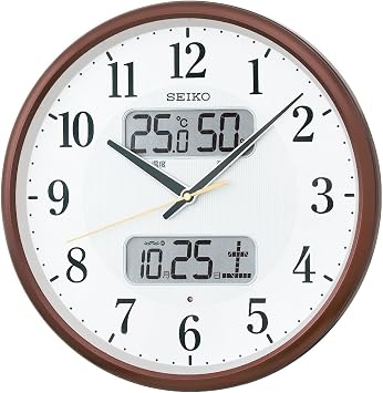 Seiko Wall Clock, Brown Metallic, Diameter 13.8 x 2.0 inches 35.0 x 5.2 cm, Radio Wave, Analog, Calendar, Temperature and Humidity Display KX383B