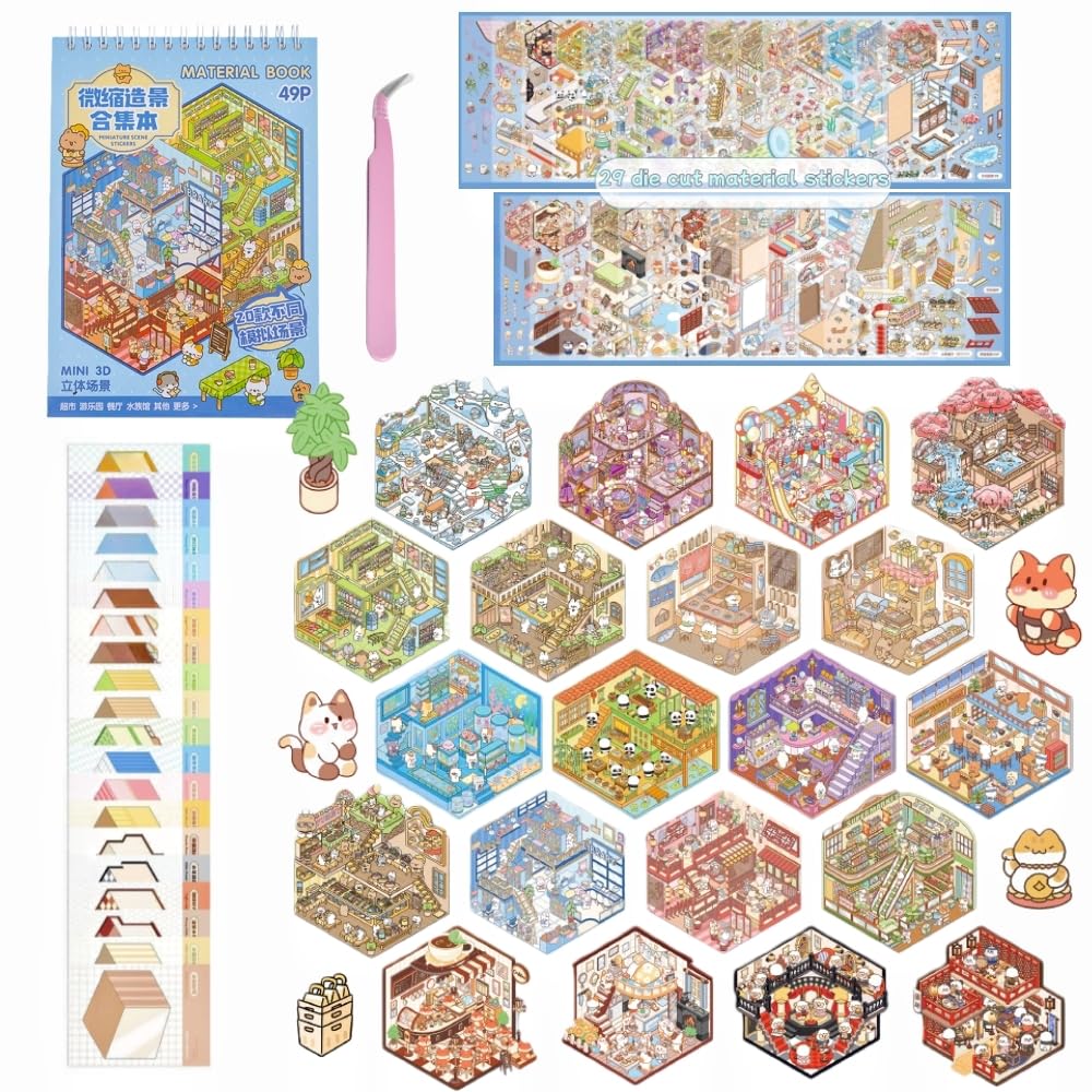 Tuyatezhi Women's Hc 20Commercial Town 3D Stickers Scene Sticker,Diy 3D Miniature House Scene 20 Sets Fun Stickers With Tweezers Make Your Own Warm Home Commercial Town Sticker For Adults Girls Relief Stress,Party Birthday Favors Gift