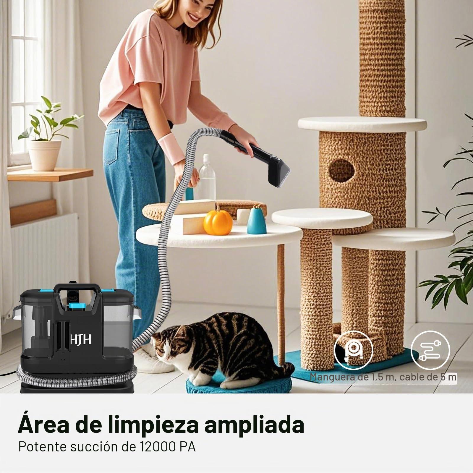 Limpiador de alfombras, limpiador de tapicería, dispositivo con cepillo para pelo de animales y herramienta de limpieza de mangueras para alfombras, sofá, tapicería, escaleras, coche, aspiradora en