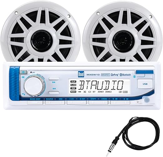 Dual Electronics MXP152W Marine Radio | AM/FM Digital Media Receiver with Built-in Bluetooth | (2) 6.5" Marine Stereo Boat Speakers | Antenna | USB Playback with 2.1A Fast Charging | White