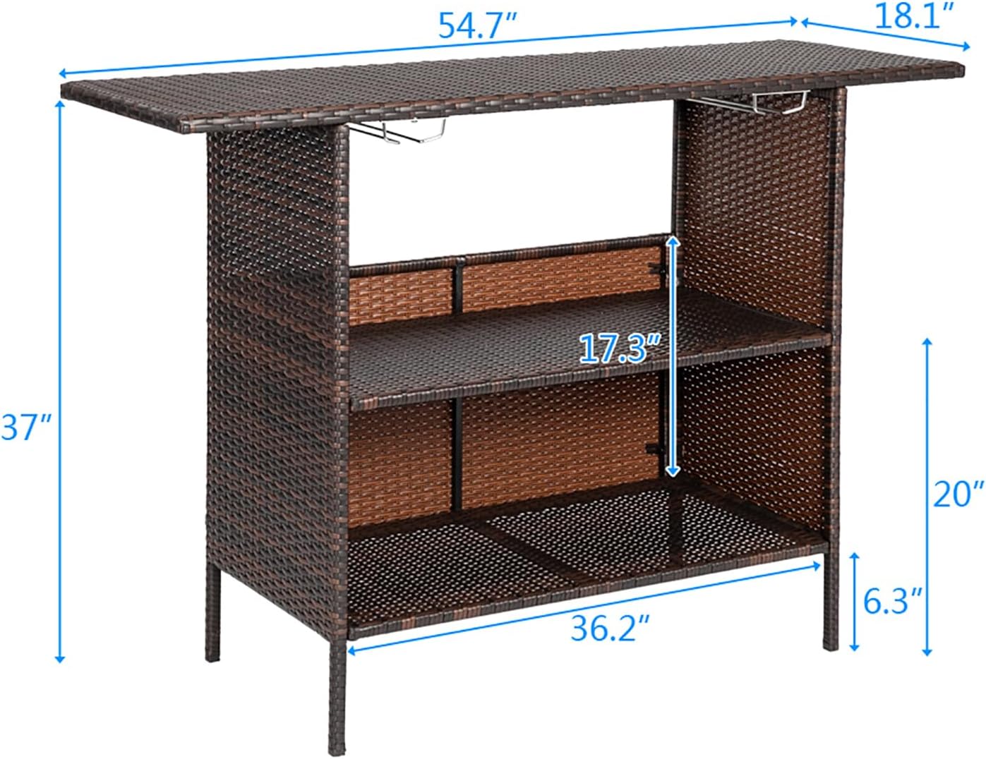 Outdoor Bar Height Table Weatherproof, Patio Bar Table w/ Wine Glass Racks, 2-Layer Shelves, Metal Frame, 55.12"x18.5"x36.22", PE Rattan Buffet Cabinet Sideboard for Poolside, Garden, Backyard, Brown
