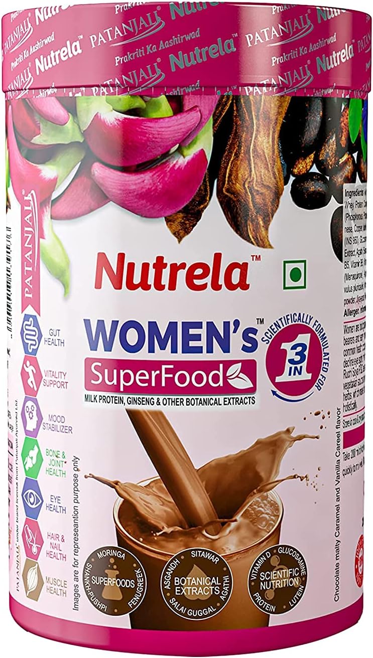 Nutrela Women Superfoods Protein Powder - 400g, Chocolate | Everyday Fitness with Biofermented Multivitamins & Whey Protein to support in Bone & Joints Health, Muscle, Heart, Hair & Nails, Vitali