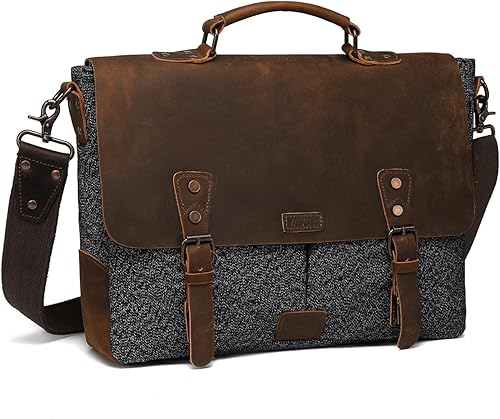 VASCHY Bolsa de mensajero para hombre, bolso de lona de tweed de cuero vintage de 15.6 pulgadas para laptop de negocios, bolsa de hombro cruzada con