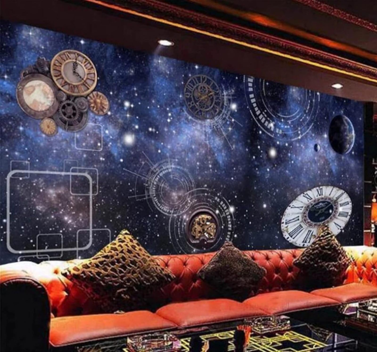 Xlming 200Cm×140Cm(B×H) Creative Blue Universe Starry Sky Clock 3D Wallpaper Luxury Home Dining Decor Paste Sofa Living Room The Wall For Bedroom Mural-200Cm×140Cm