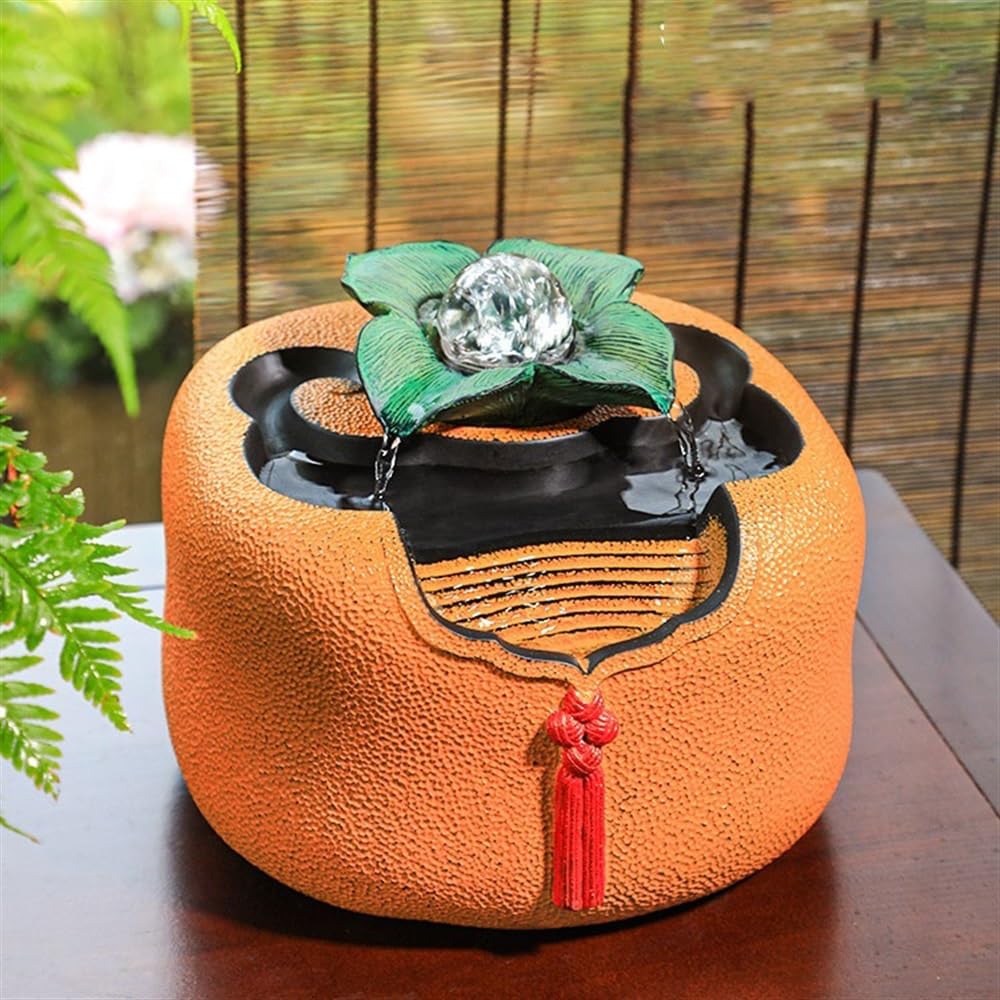 Fuente Decorativa de jardín, Fuente de Agua con Cascada, de Resina, con iluminación LED, Zen, decoración para salón, Dormitorio, Oficina, 21 x 21,5 x 16 cm, Naranja