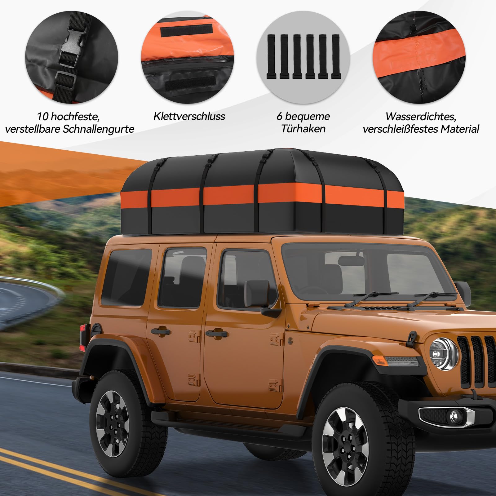 ZealWe Dachbox Auto 21 kubikfuß, Faltbare Dachtasche Dachkoffer Dachboxen Aufbewahrungsbox, Wasserdicht Dachgepäckträger Gepäckbox für Fahrzeuge mit/ohne Gepäckträger Gepäcktransport Vans, SUVs,Orange