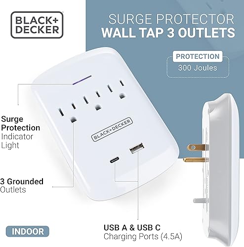 Miniatura 3 de BLACK+DECKER Soporte de pared con protector de sobretensiones con 3 tomas de tierra, 2 puertos de carga USB, adaptador de corriente y cargador de