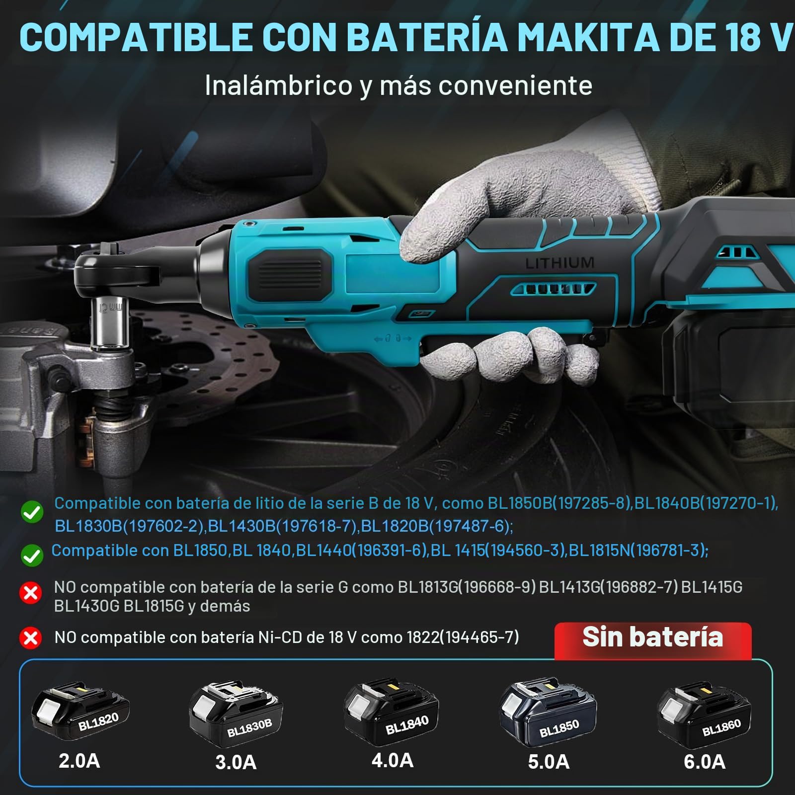 Llave de carraca 3/8" a batería para Makita 18V (sin batería) | 80 Nm, Carraca Eléctrica sin Escobillas, Adaptador 1/4", Barra de Extensión y 7 Llaves
