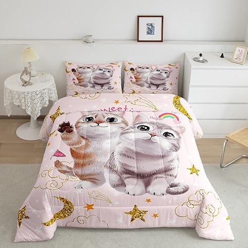 Juego de edredón con diseño de gato y luna brillante, juego de ropa de cama con estampado de gatos, juego de edredón acolchado de gatito rosa para