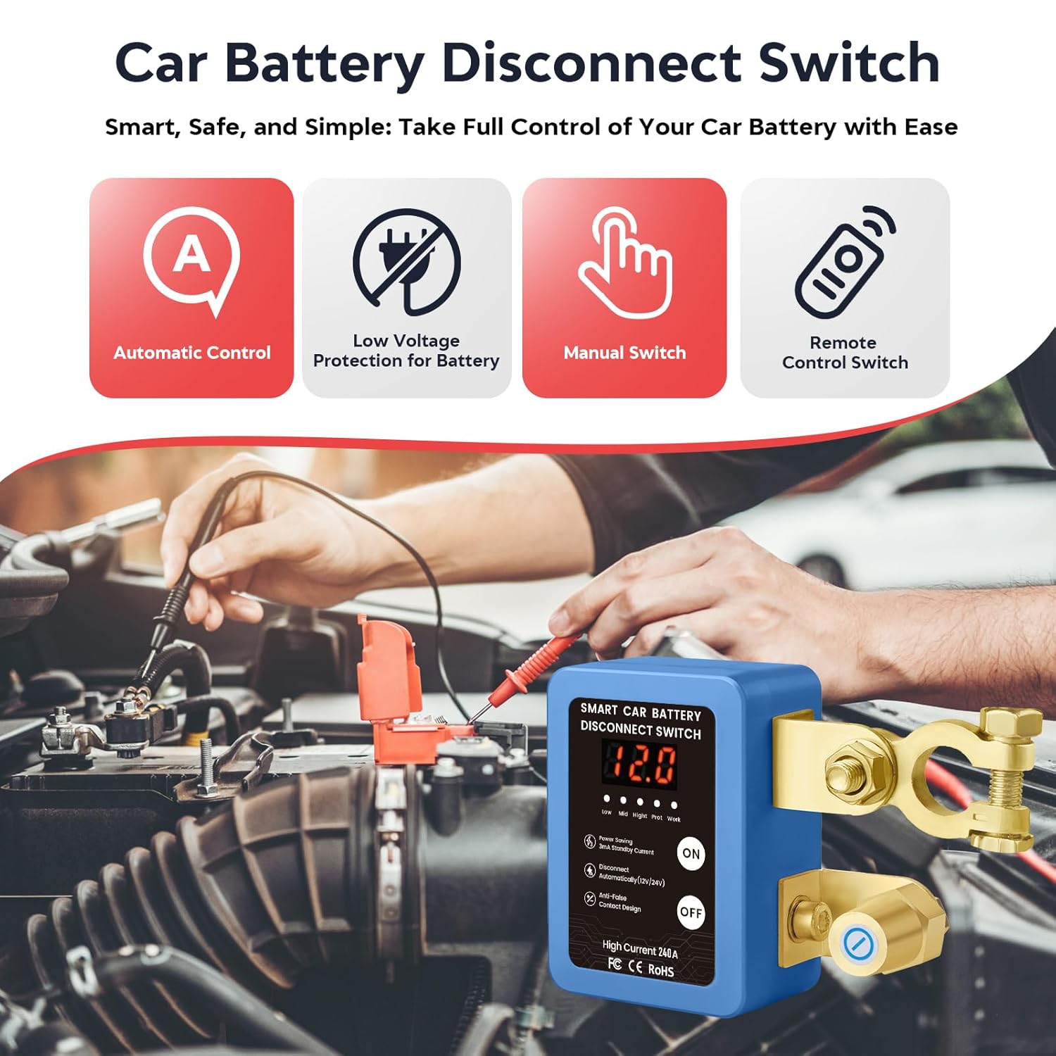 Kill Switch for Car - 12V Remote Battery Disconnect Switch Smart Voltage Car Battery Kill Switch for Vehicle, RV, ATV, Truck, Boat
