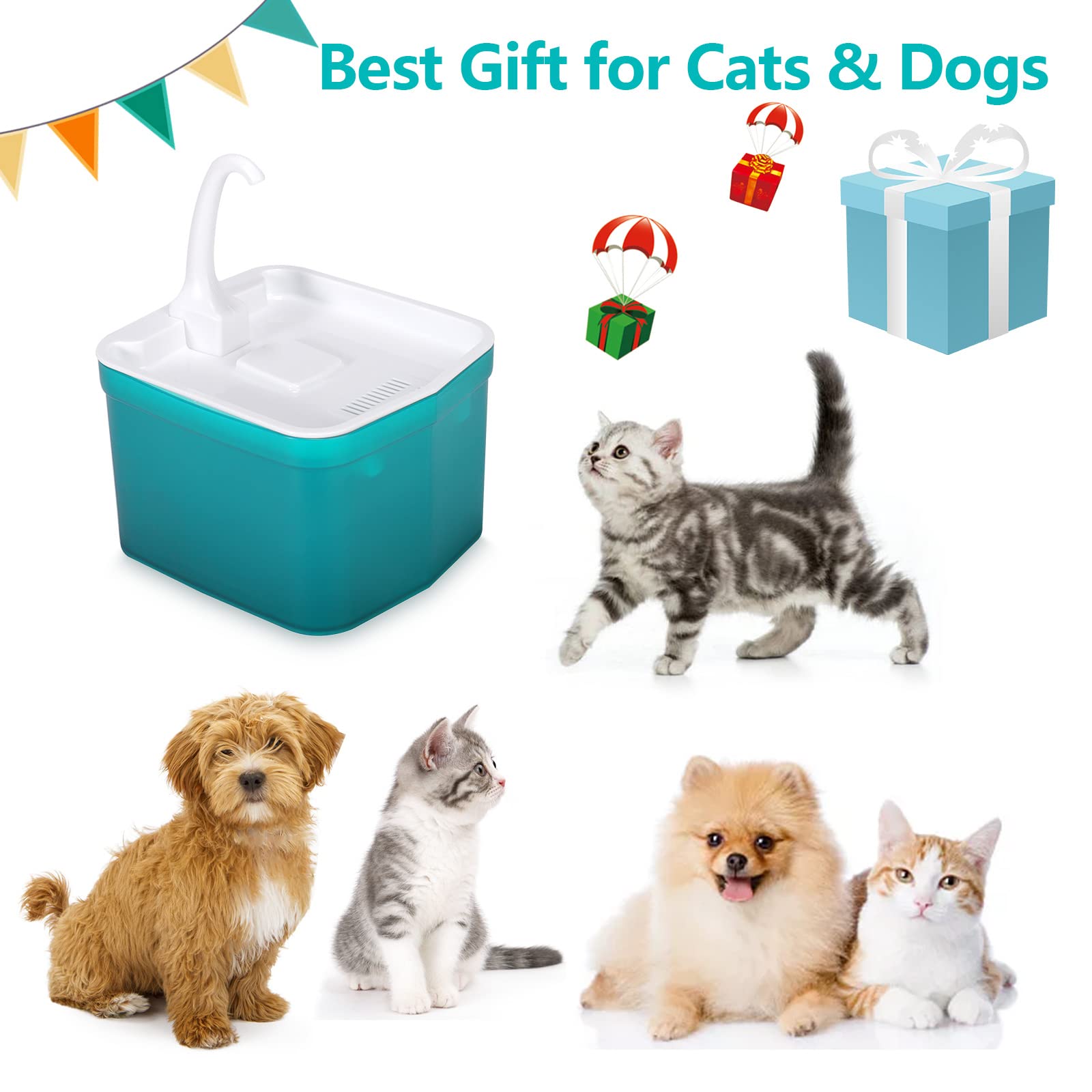 Fontana per acqua per gatti, ciotola automatica elettrica per cani, fontanella ultra silenziosa per cani e gatti di piccola e media taglia (2 L)