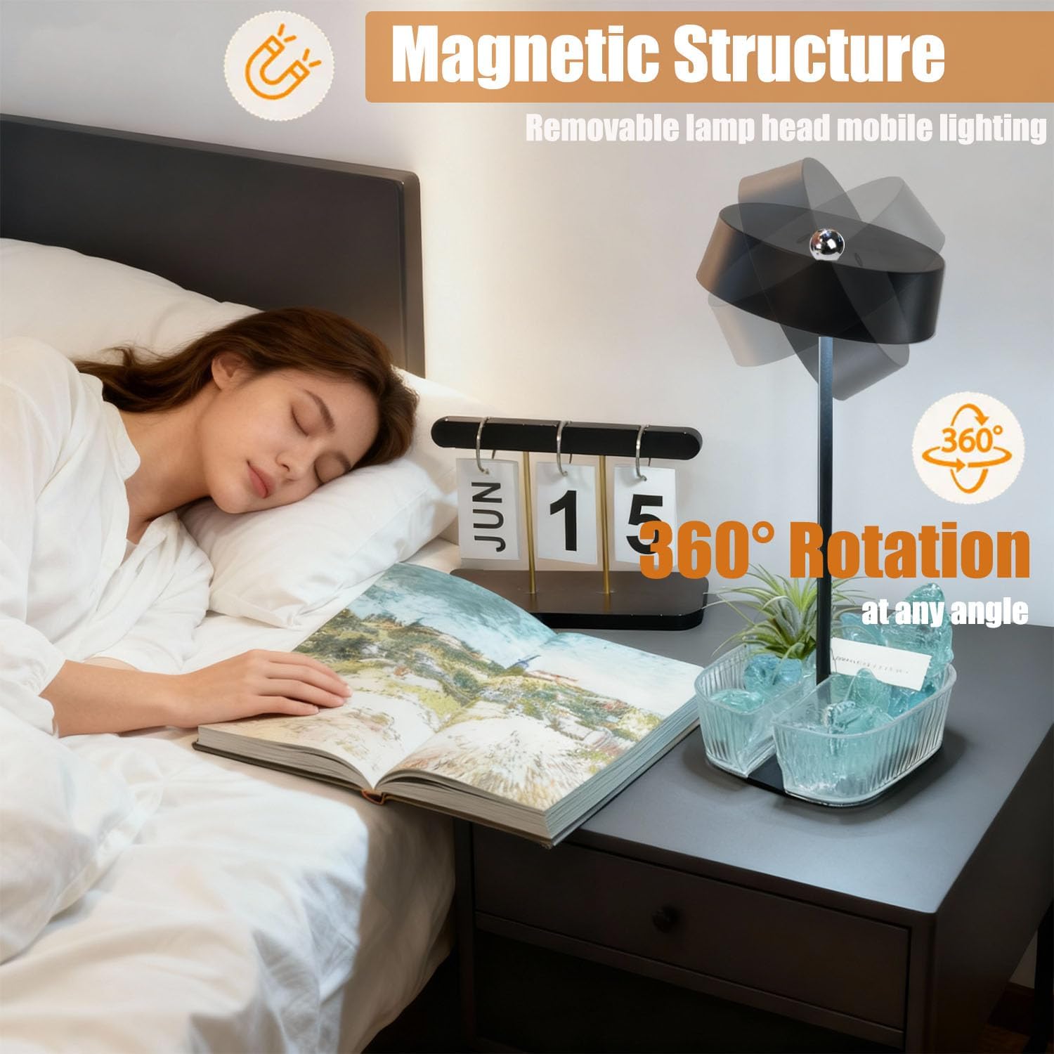 Bedside Lamp, Table Lamp for Bedroom with 4 Color Dimming, Grow Lights for Indoor Plants, Battery Powered Cordless Light for Bedroom